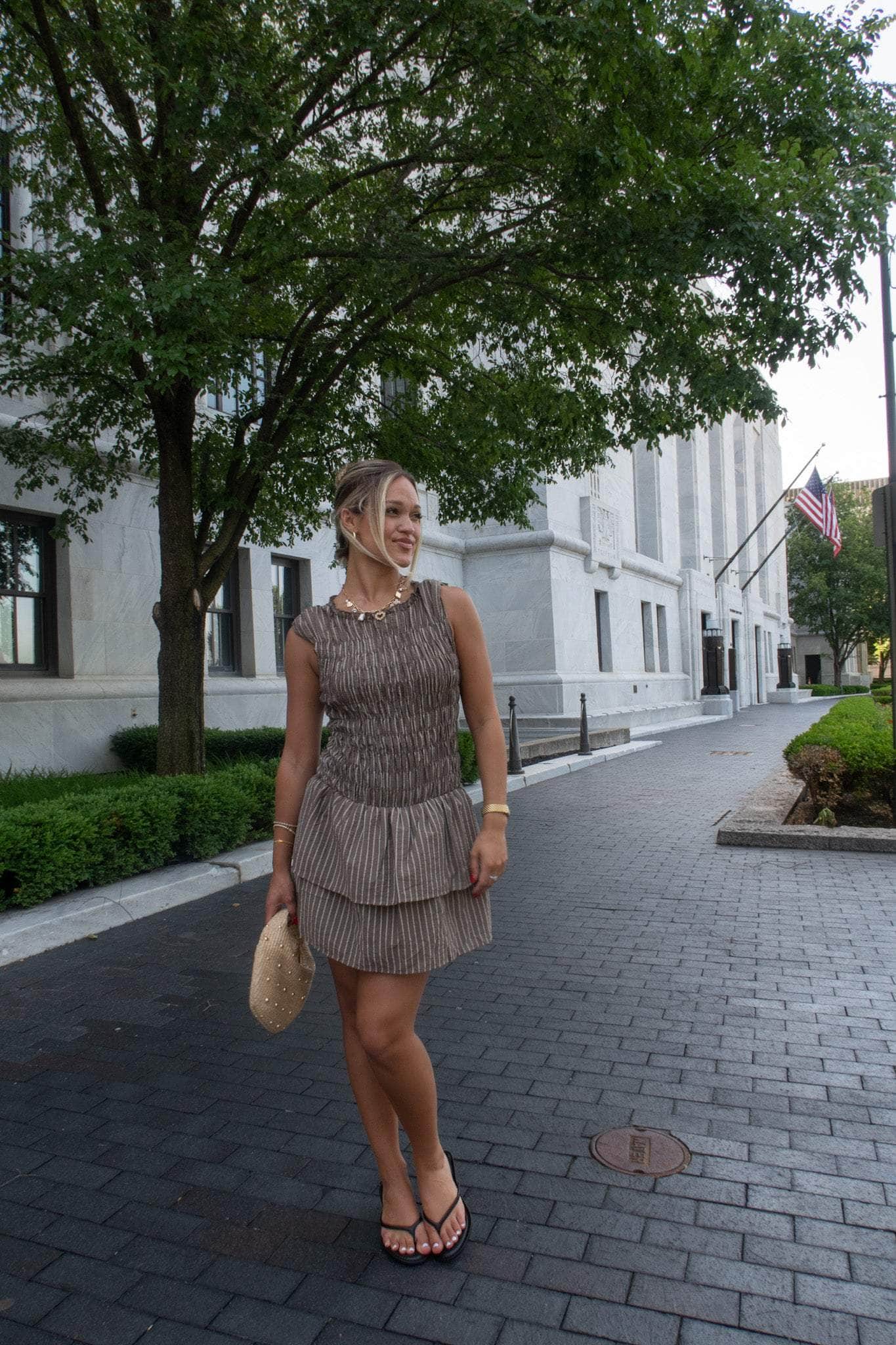 Brown Striped Ruffle Mini Dress