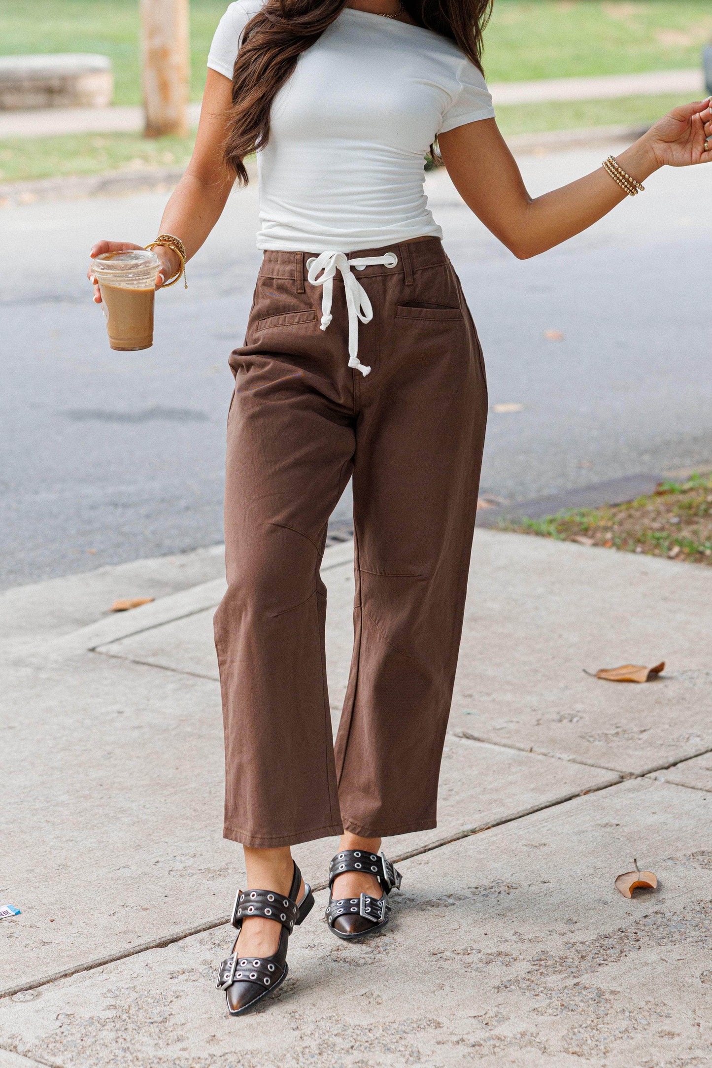 Brown Drawstring Barrel Jeans
