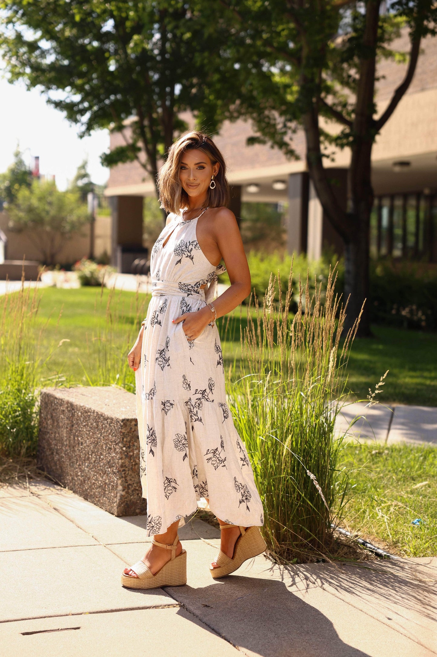 Natural Floral Linen Dress