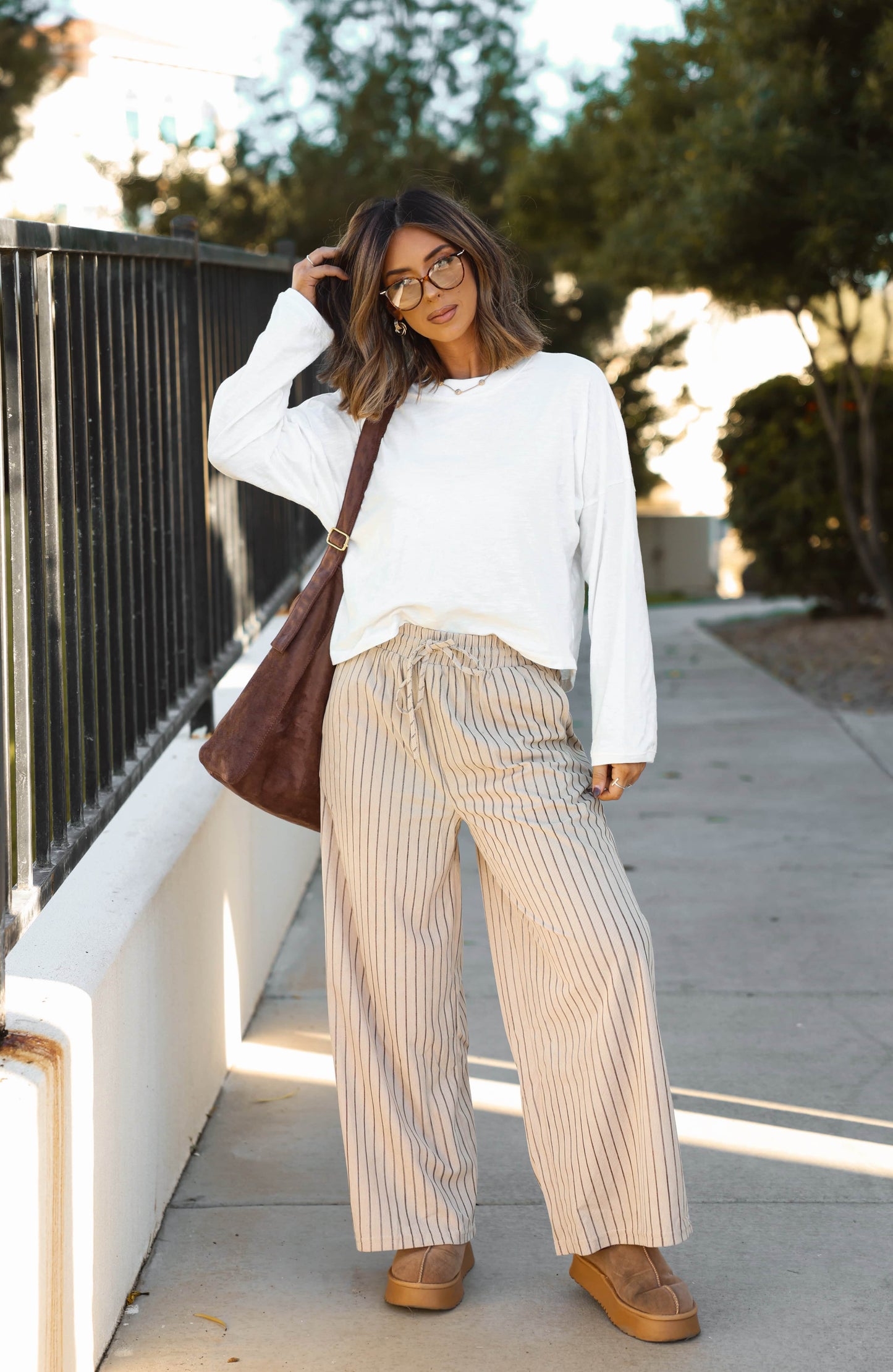 Taupe Striped Corduroy Wide Leg Pants