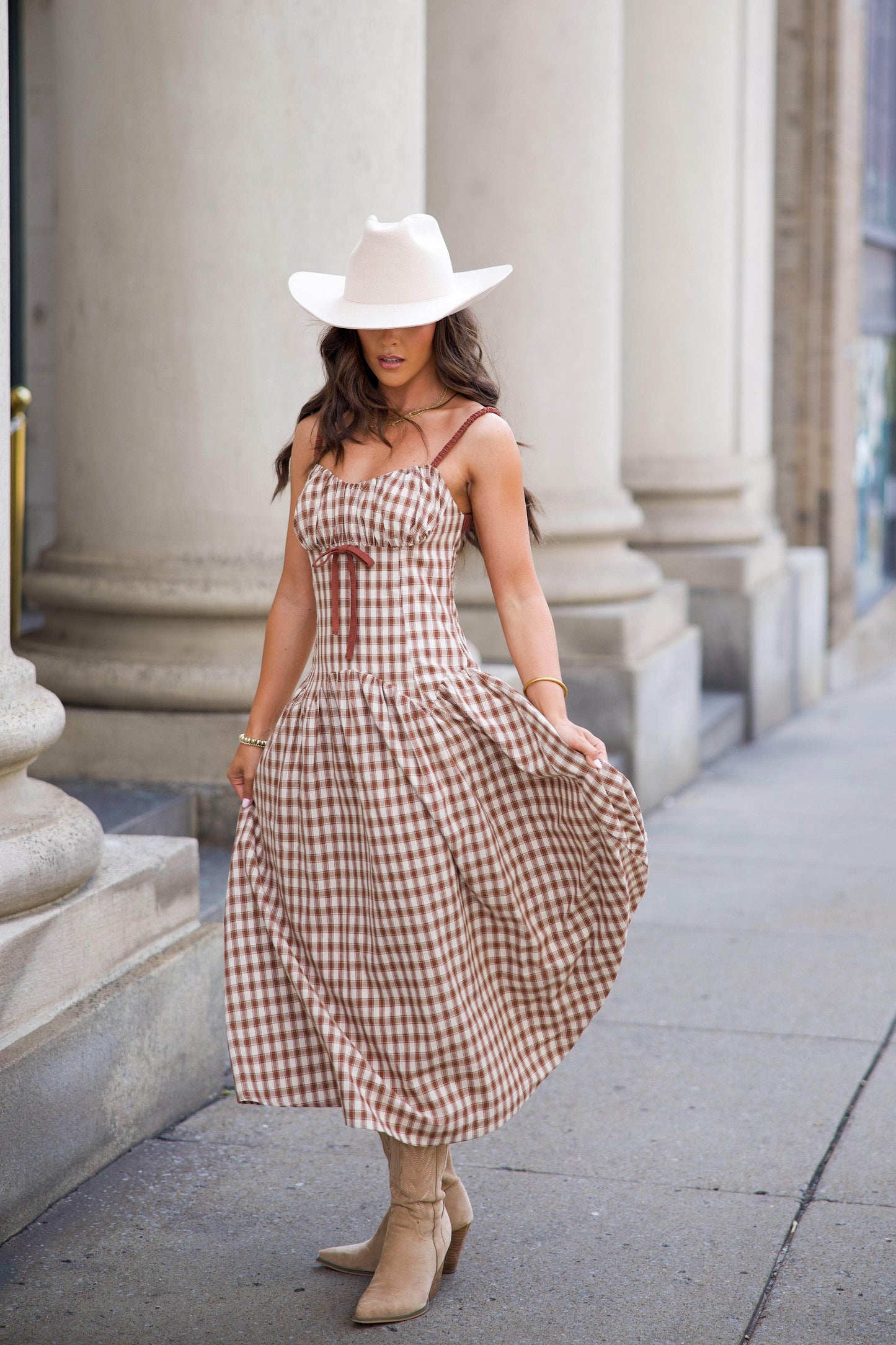 Brown Plaid Drop Waist Midi Dress