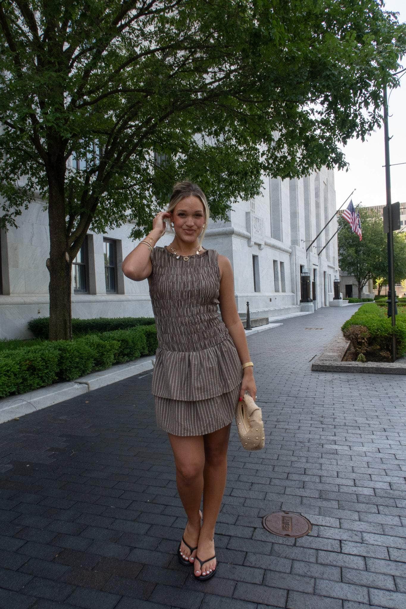 Brown Striped Ruffle Mini Dress