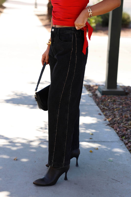 Black Leopard Piping Detail Barrel Jean