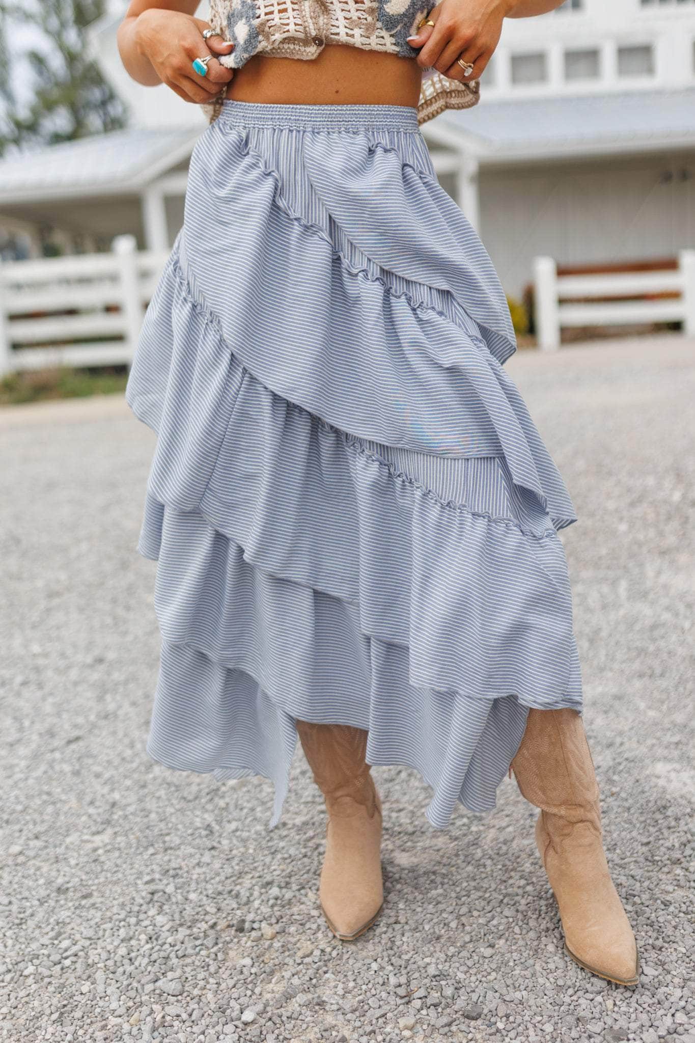 Blue Striped Tiered Skirt