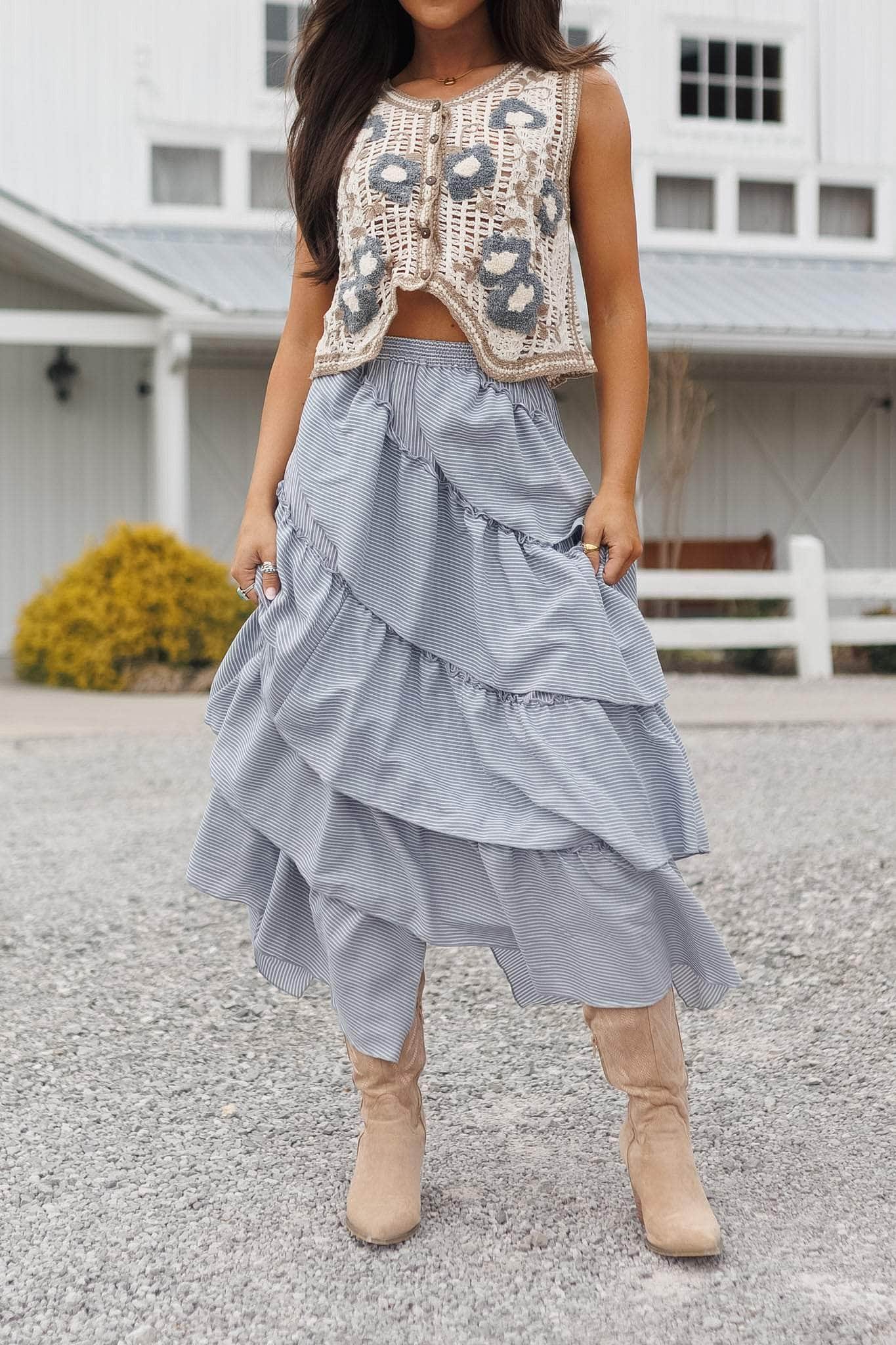 Blue Striped Tiered Skirt