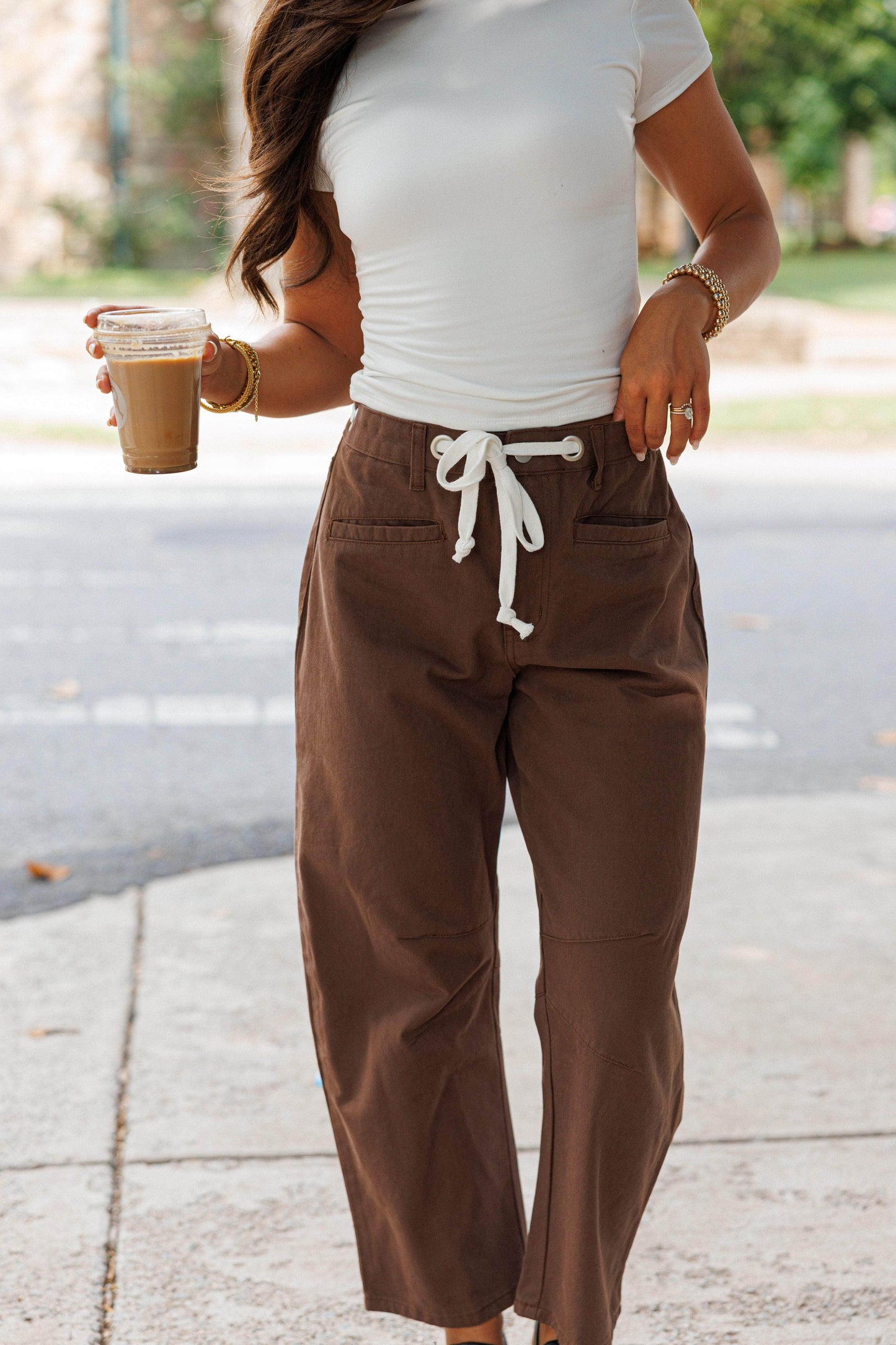 Brown Drawstring Barrel Jeans