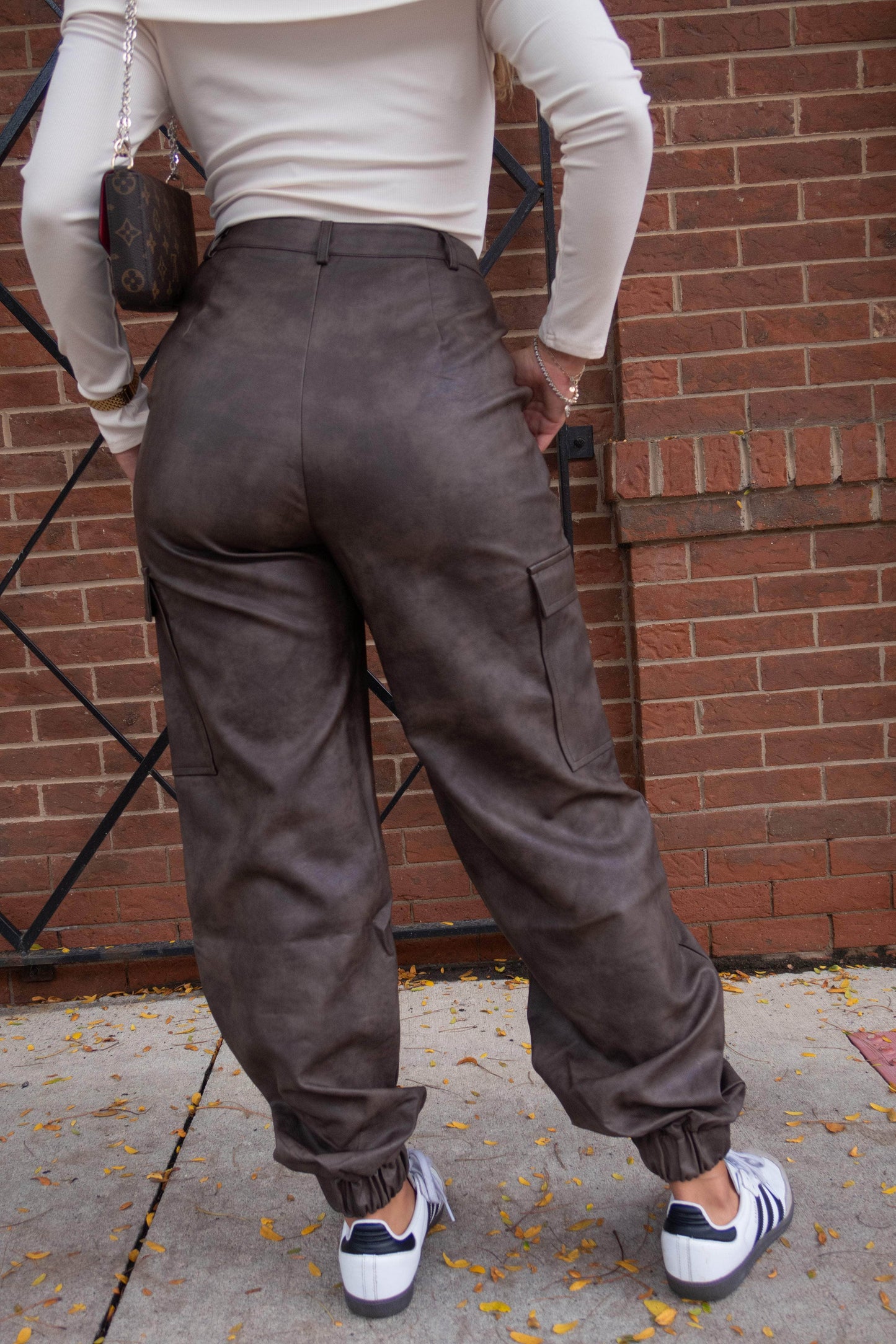 Brown Pleather Cargo Joggers