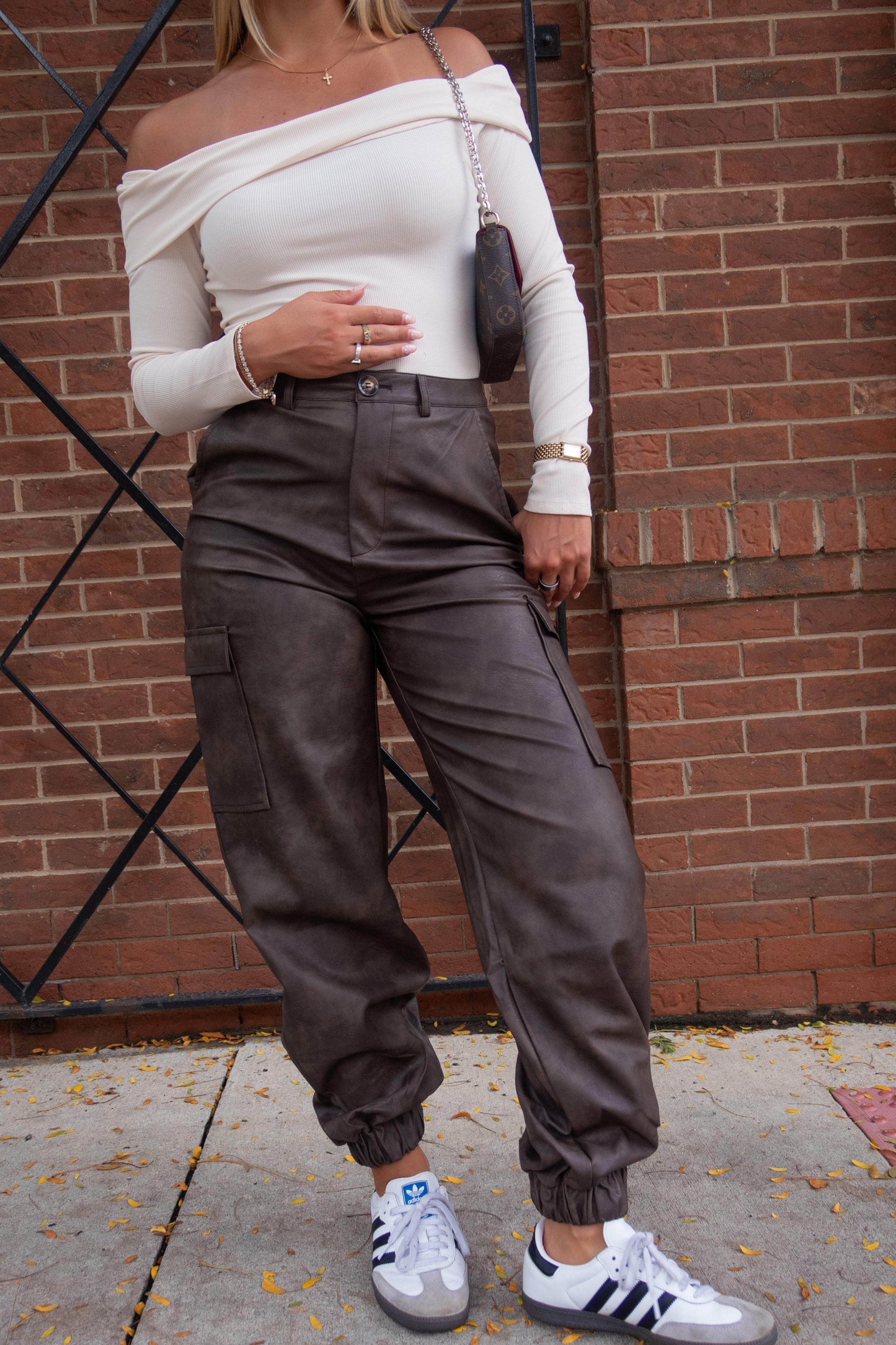 Brown Pleather Cargo Joggers