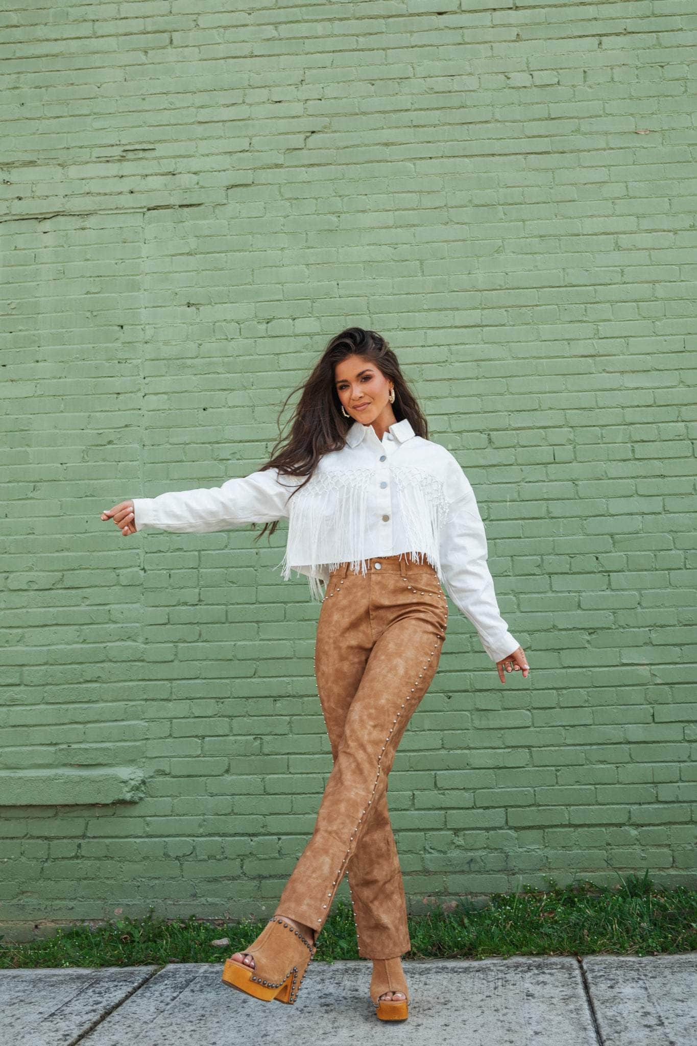 Camel Studded Leather Pants