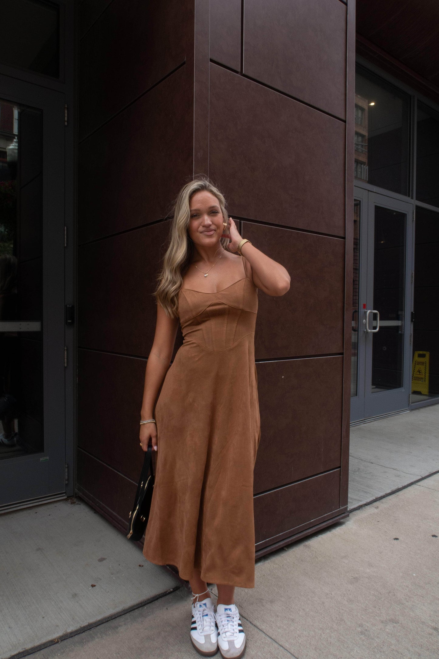 Camel Suede Bustier Midi Dress