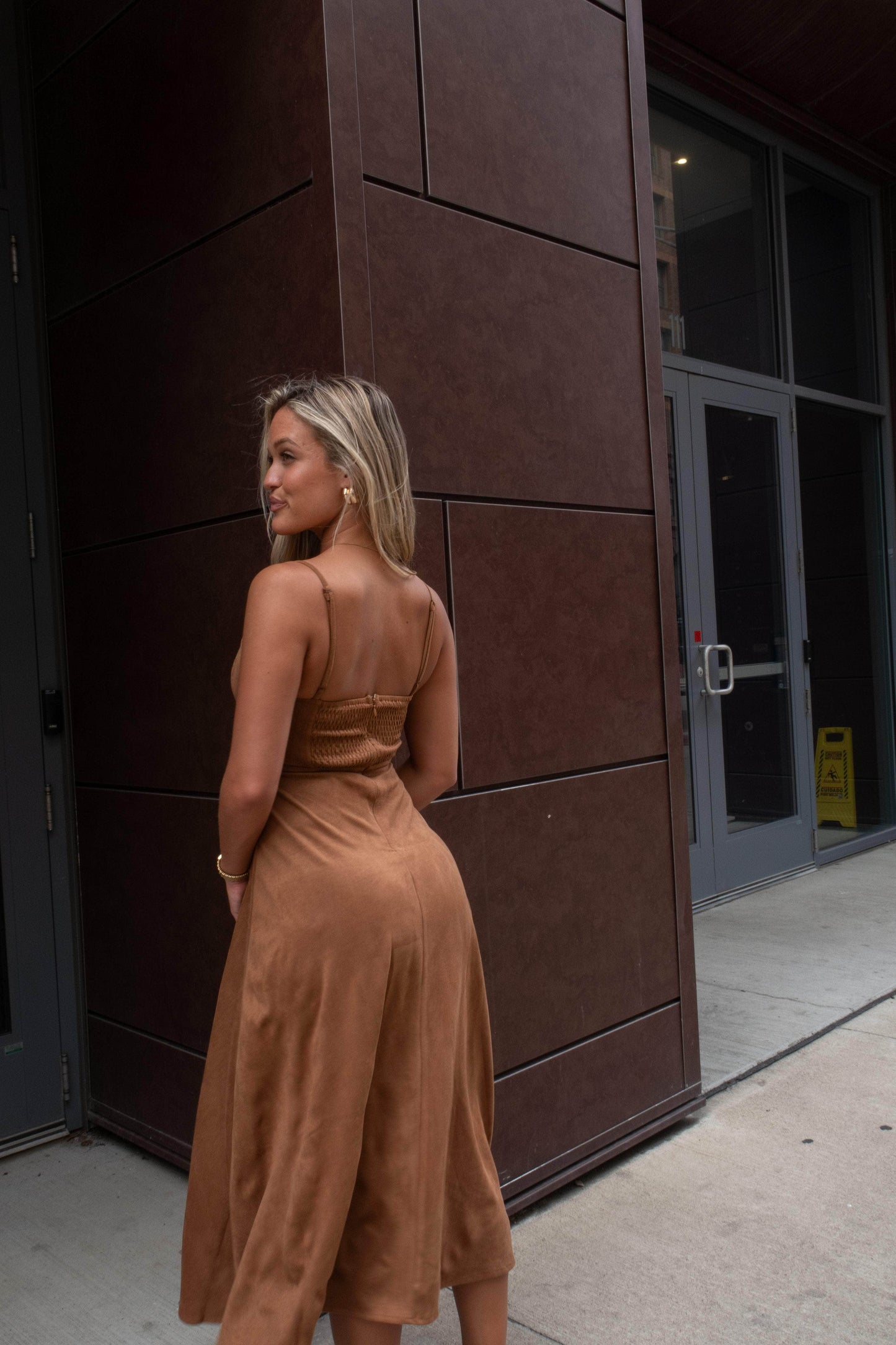 Camel Suede Bustier Midi Dress