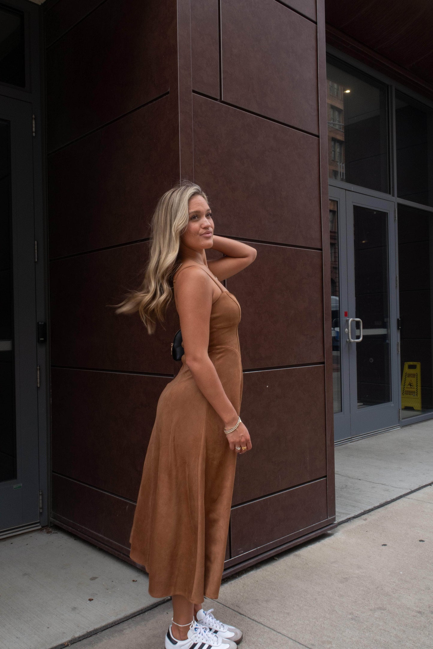 Camel Suede Bustier Midi Dress