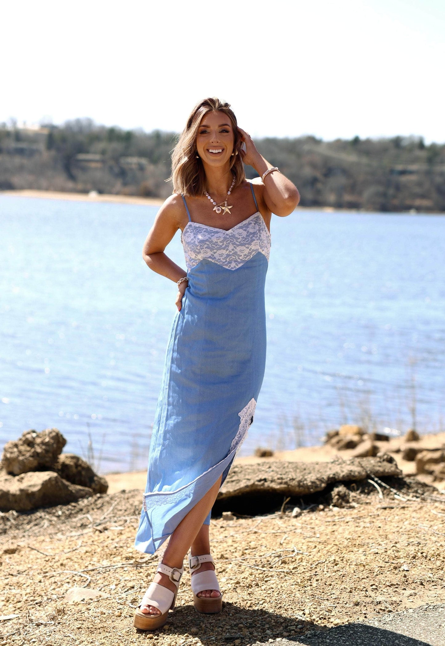 Chambray Lace Midi Dress