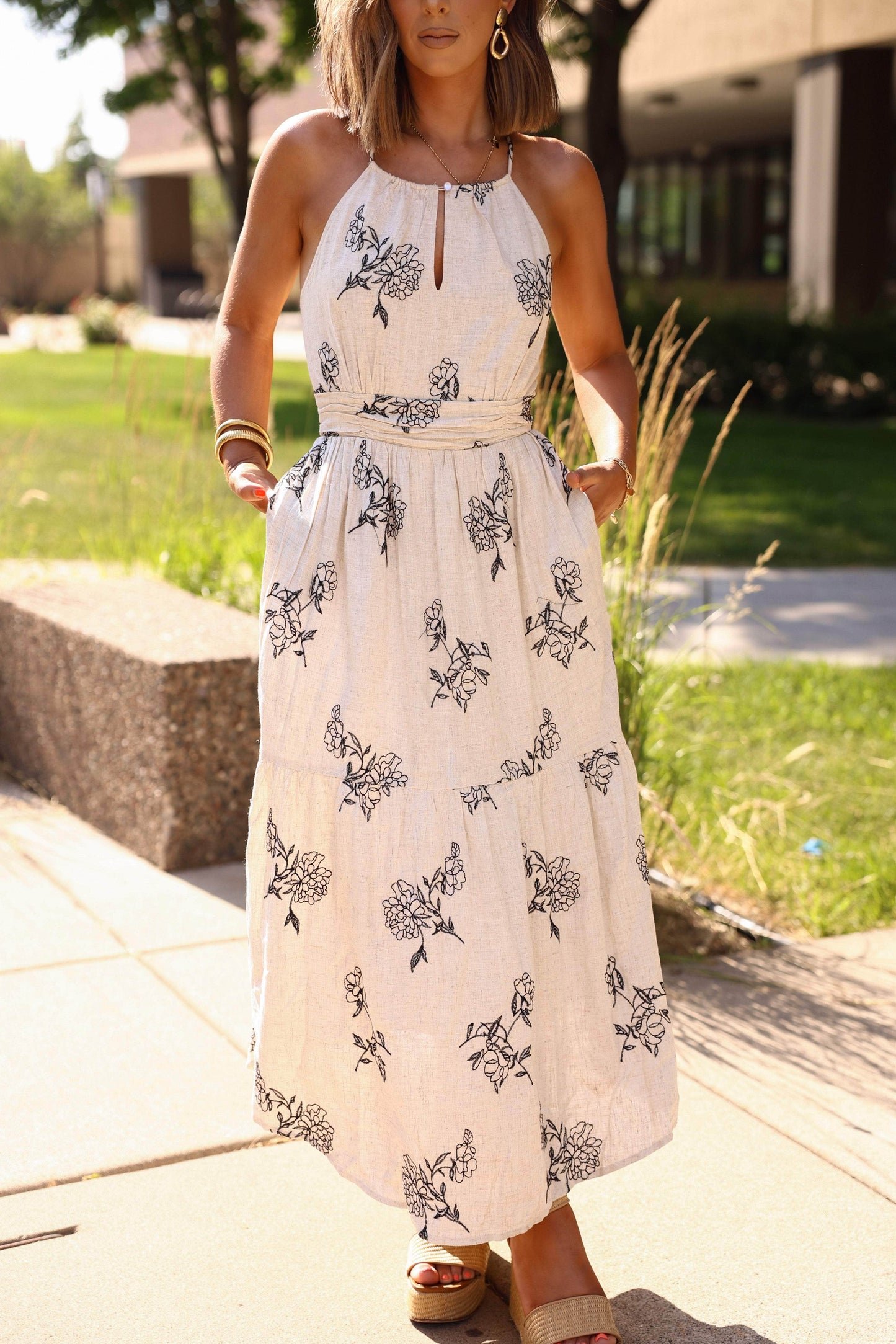Natural Floral Linen Dress
