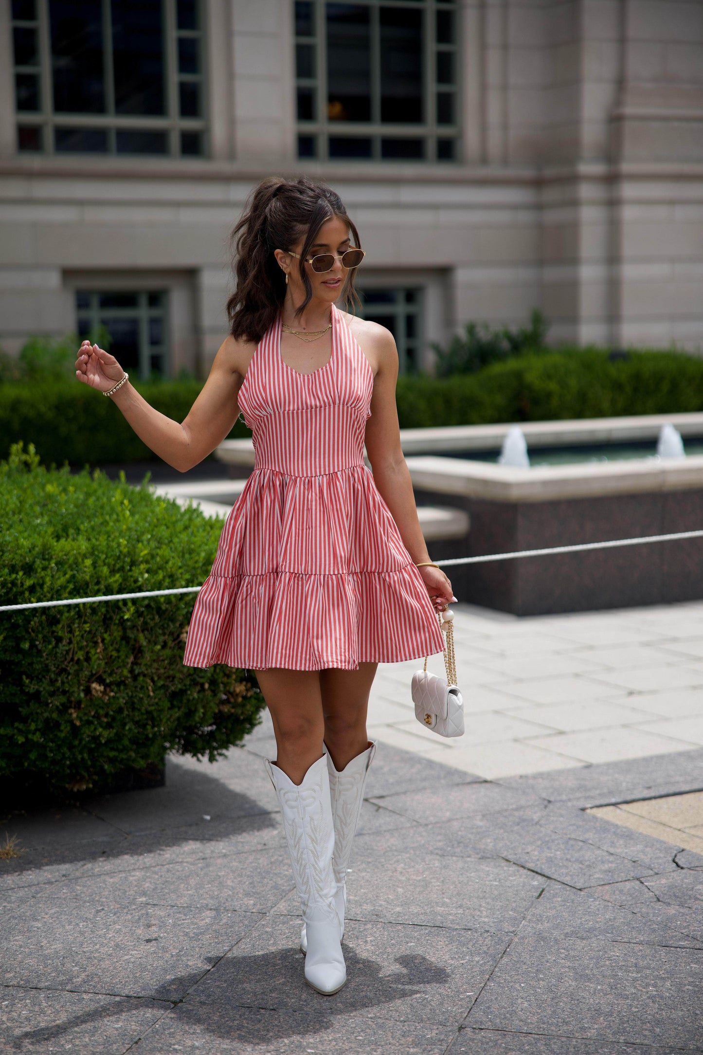 Red Halter Striped Mini Dress