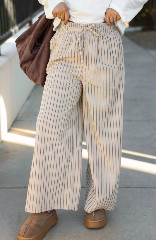 Taupe Striped Corduroy Wide Leg Pants