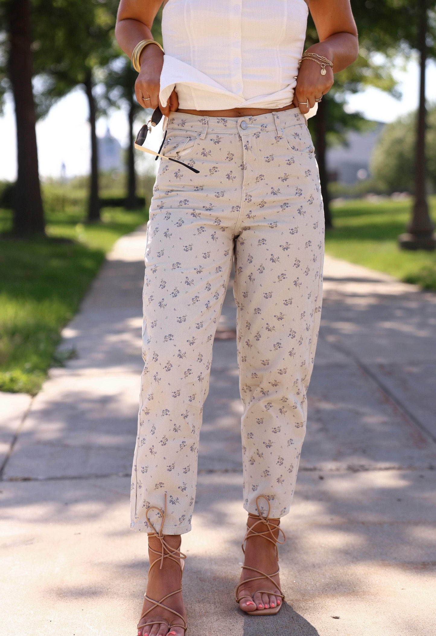 Flower Printed Denim Pants