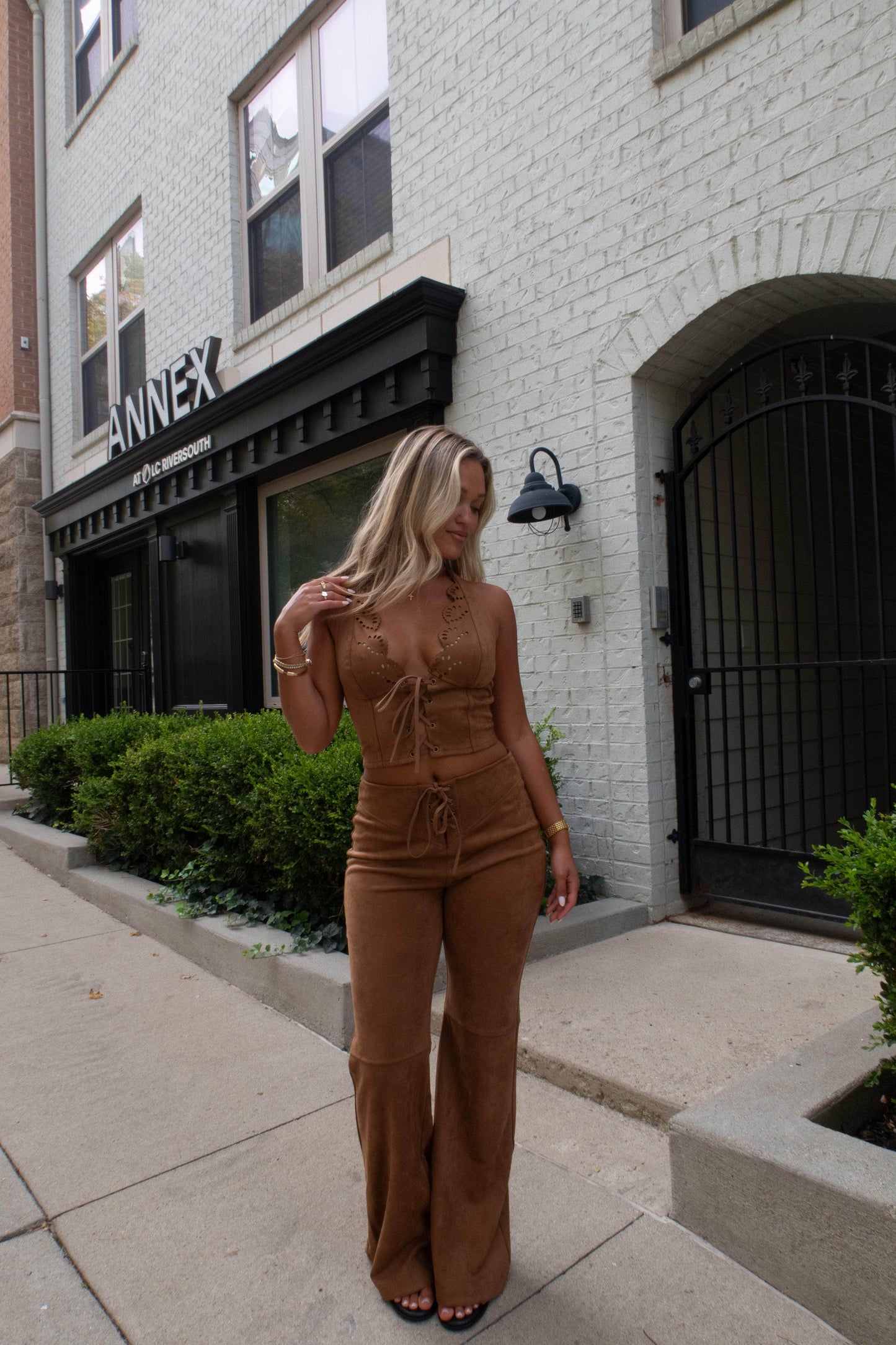 Camel Suede Laced Up Pants