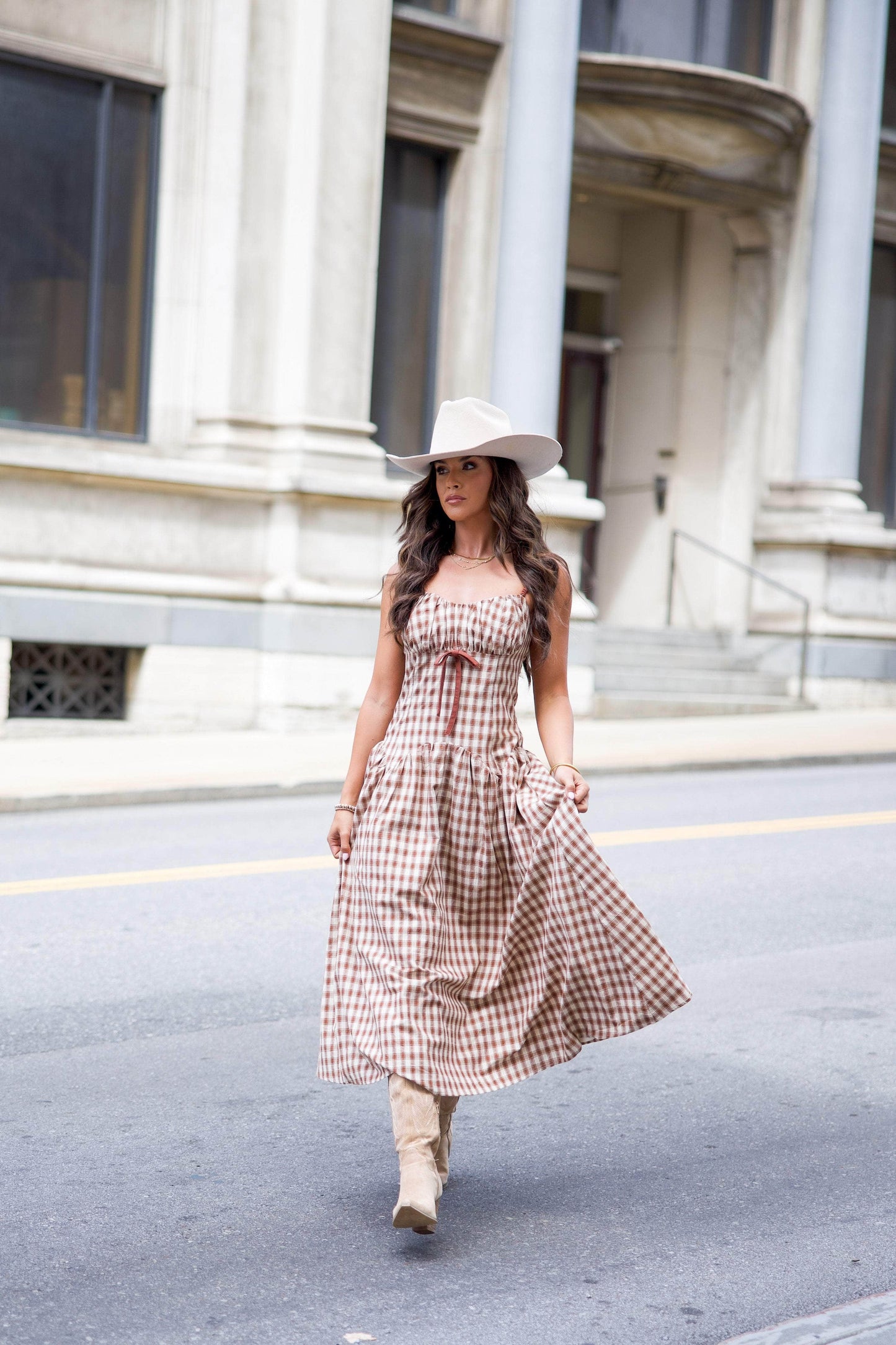 Brown Plaid Drop Waist Midi Dress