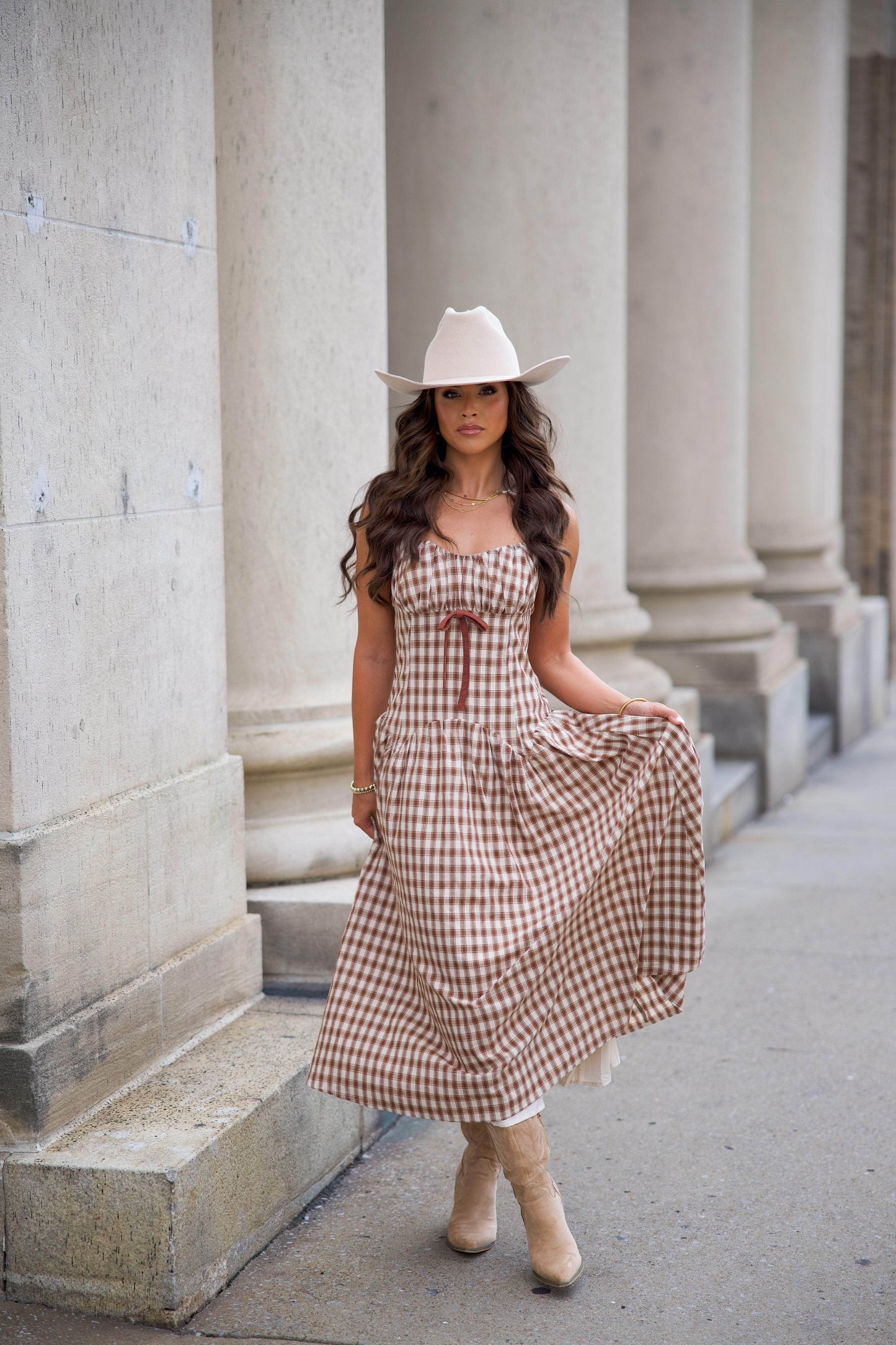 Brown Plaid Drop Waist Midi Dress