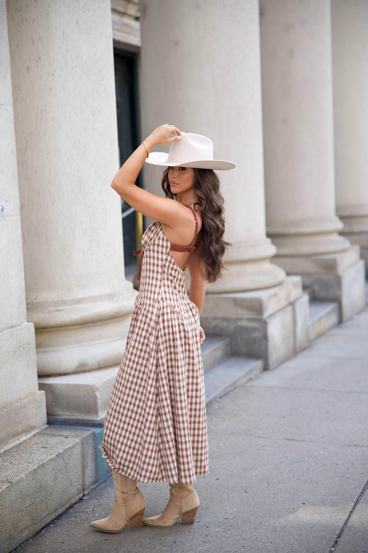 Brown Plaid Drop Waist Midi Dress