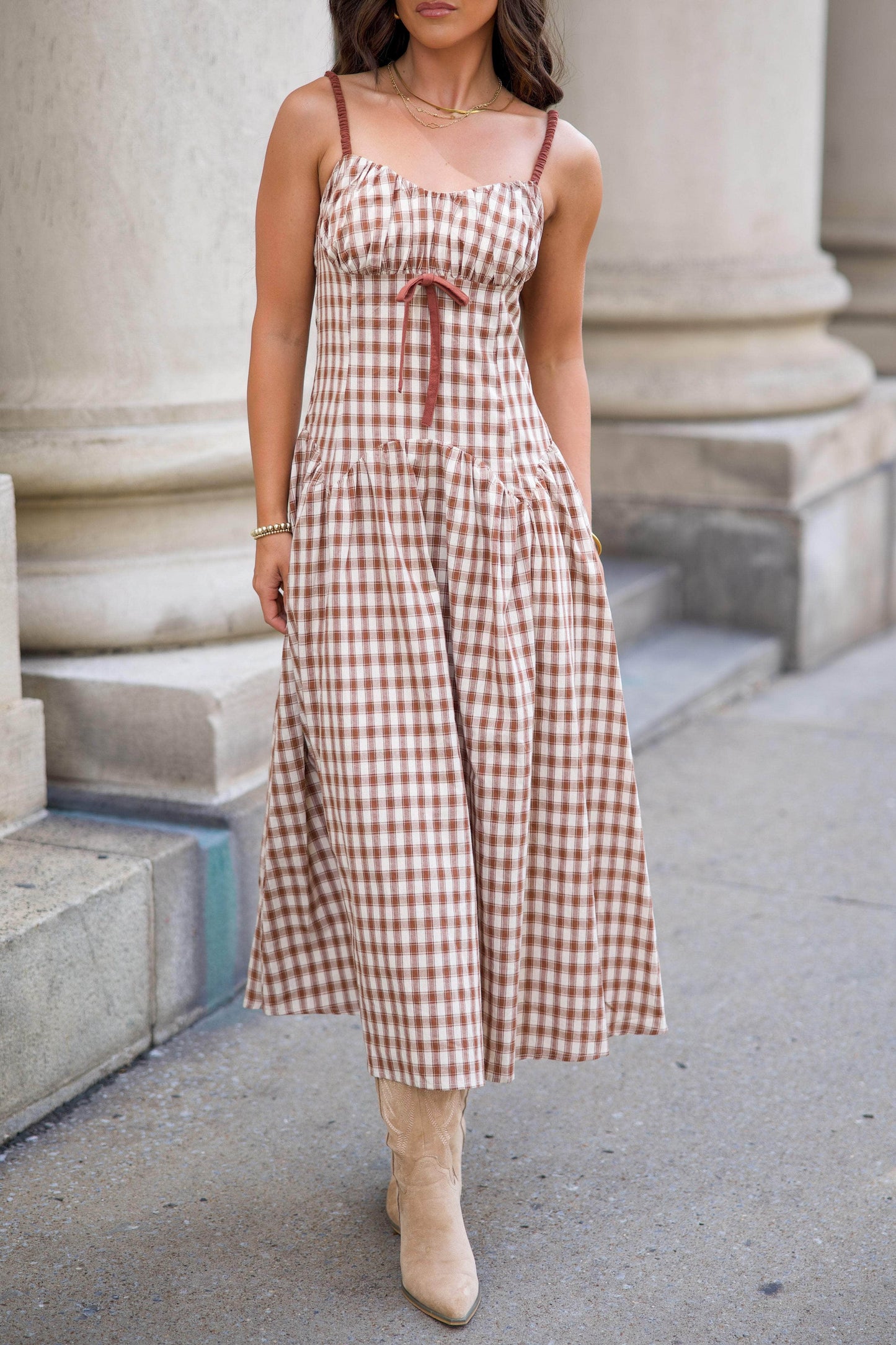 Brown Plaid Drop Waist Midi Dress