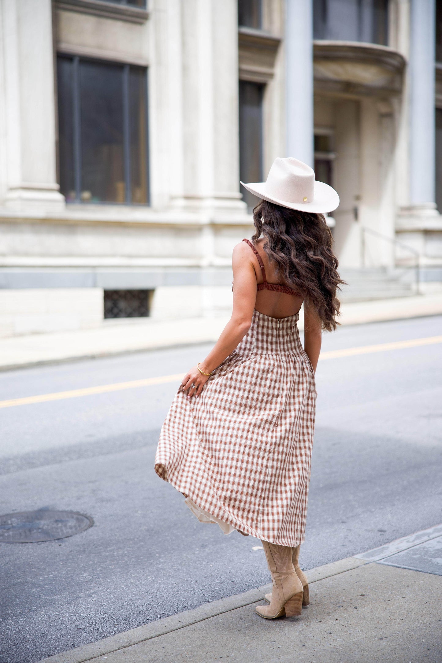 Brown Plaid Drop Waist Midi Dress