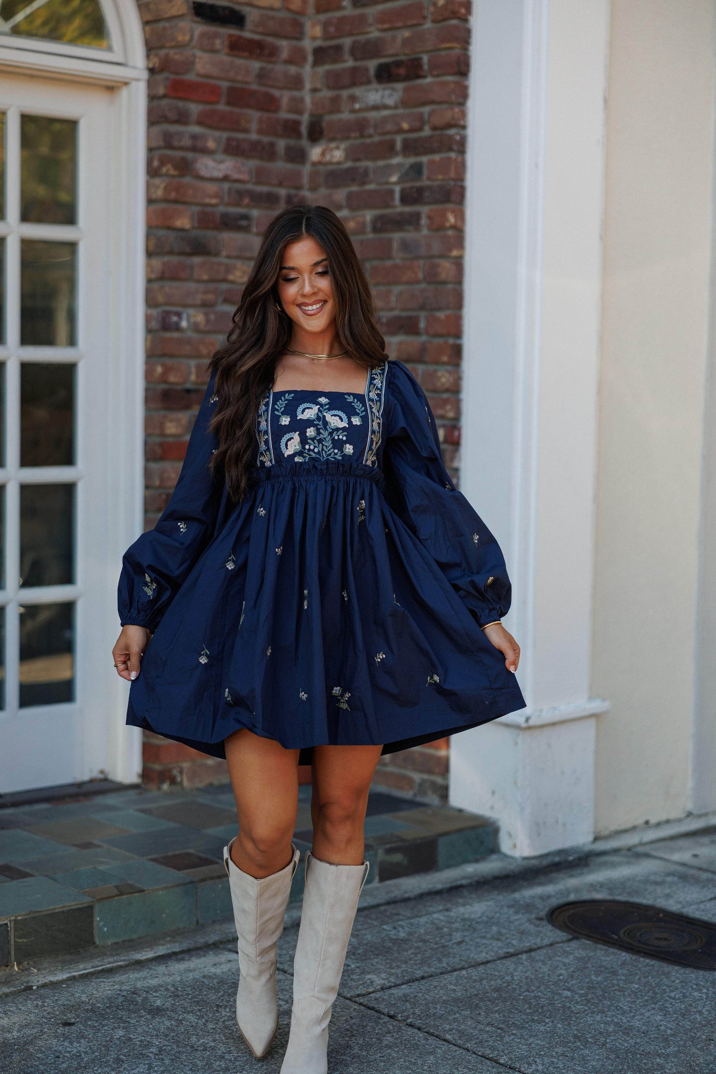 Navy Floral Embroidered Dress