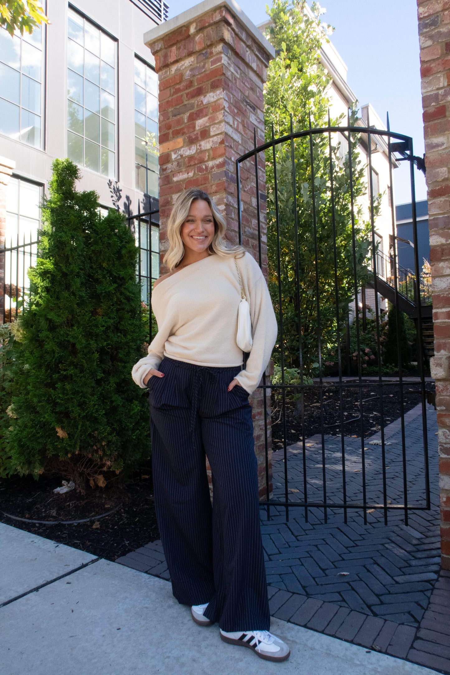 Navy Pinstripe Belted Trousers