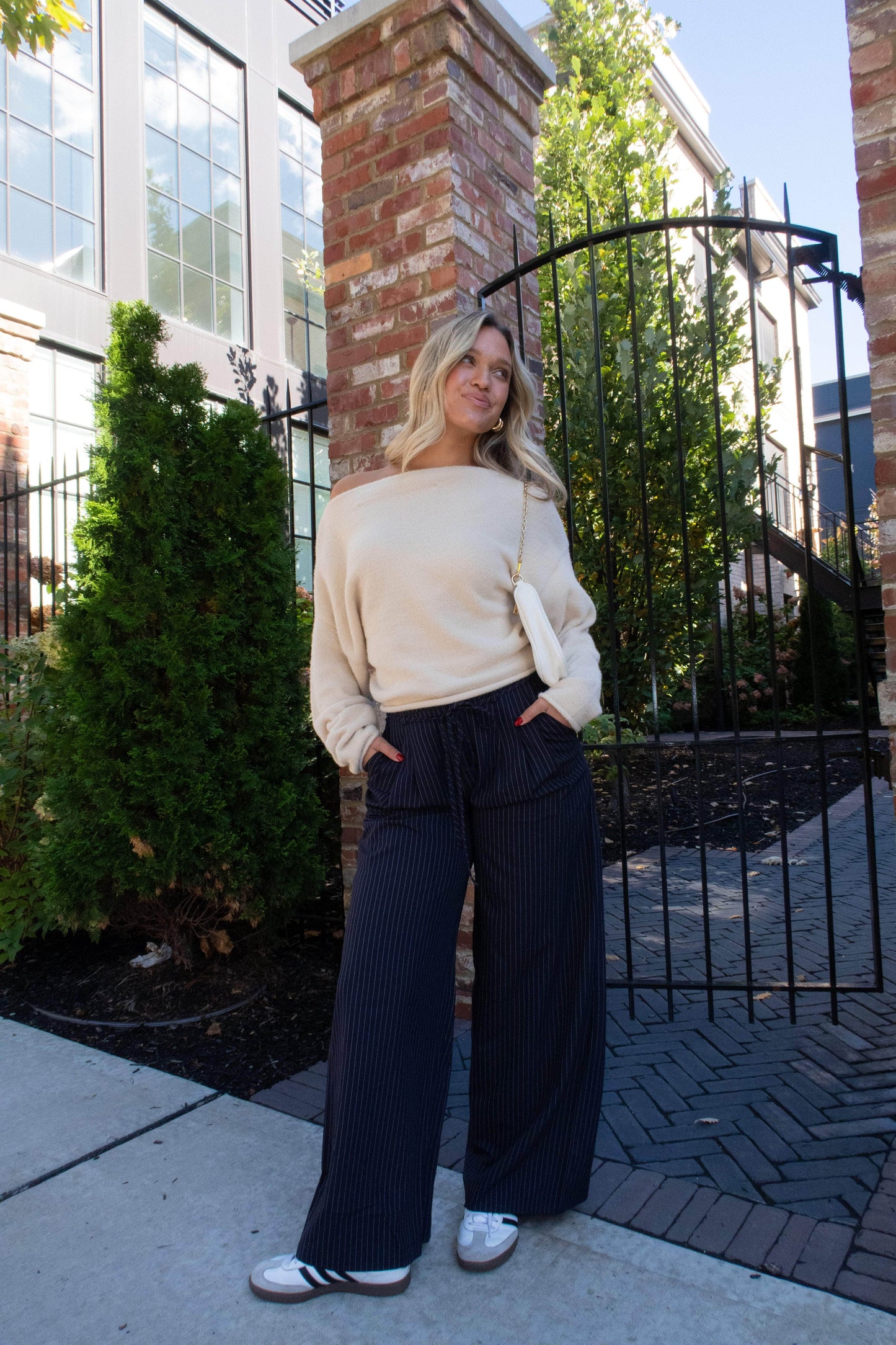 Navy Pinstripe Belted Trousers