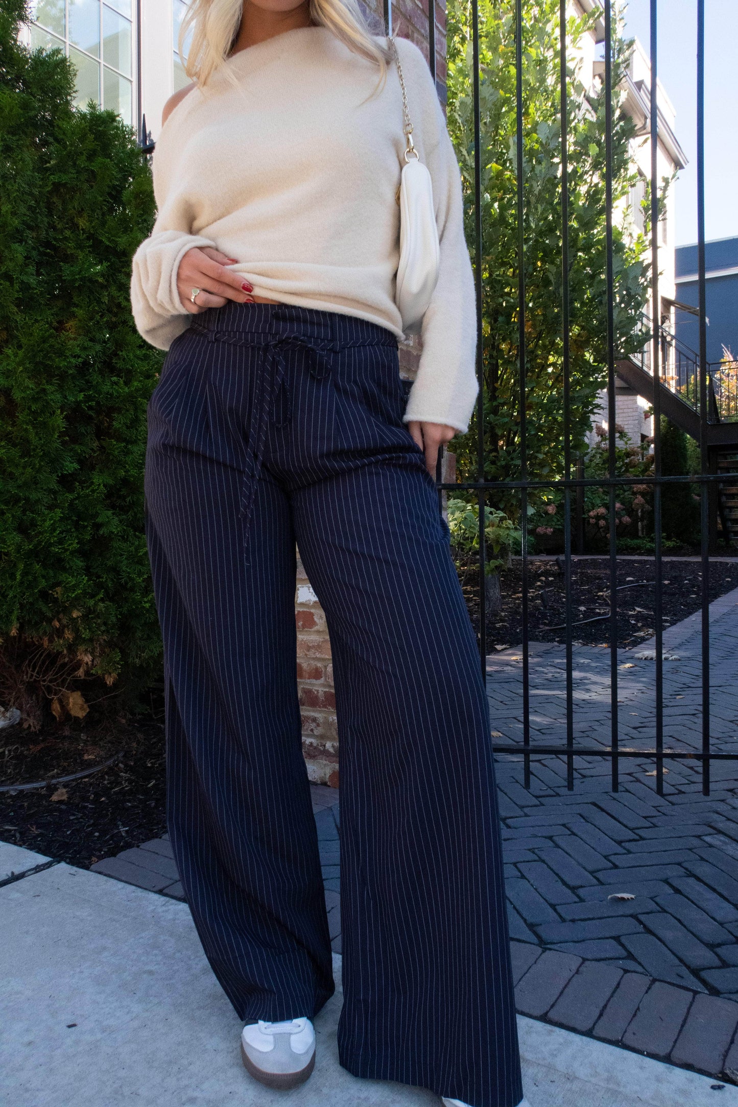 Navy Pinstripe Belted Trousers