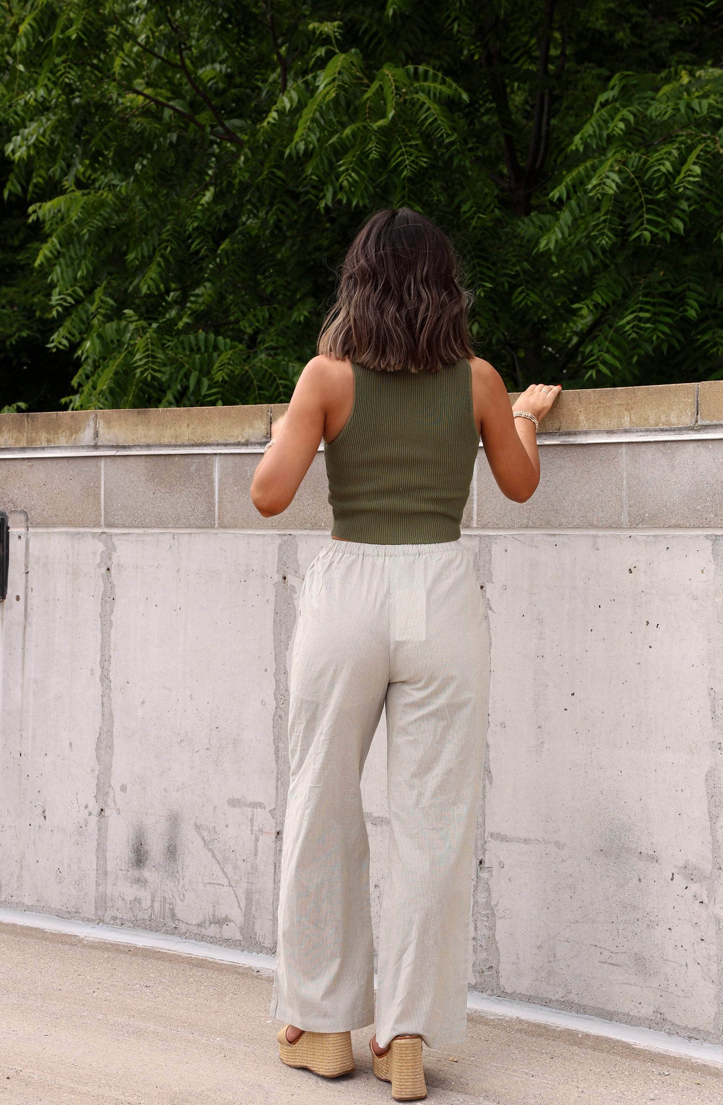 Olive Pinstripe Drawstring Pants
