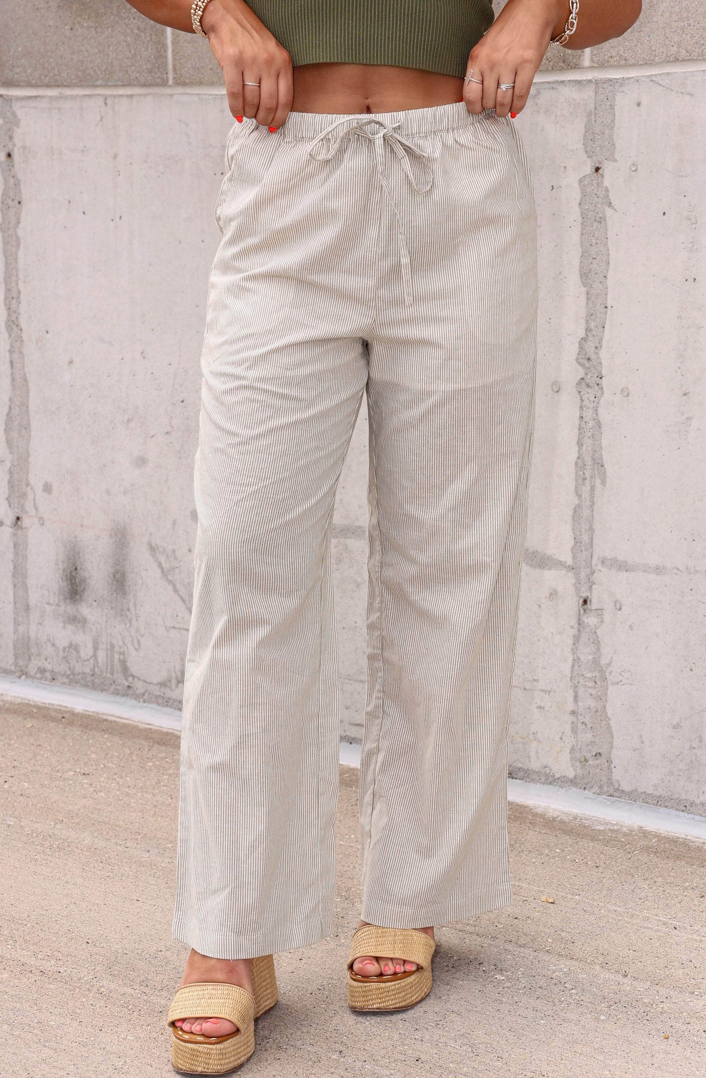 Olive Pinstripe Drawstring Pants