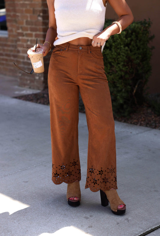 Camel Suede Embroidered Cut Out Pants