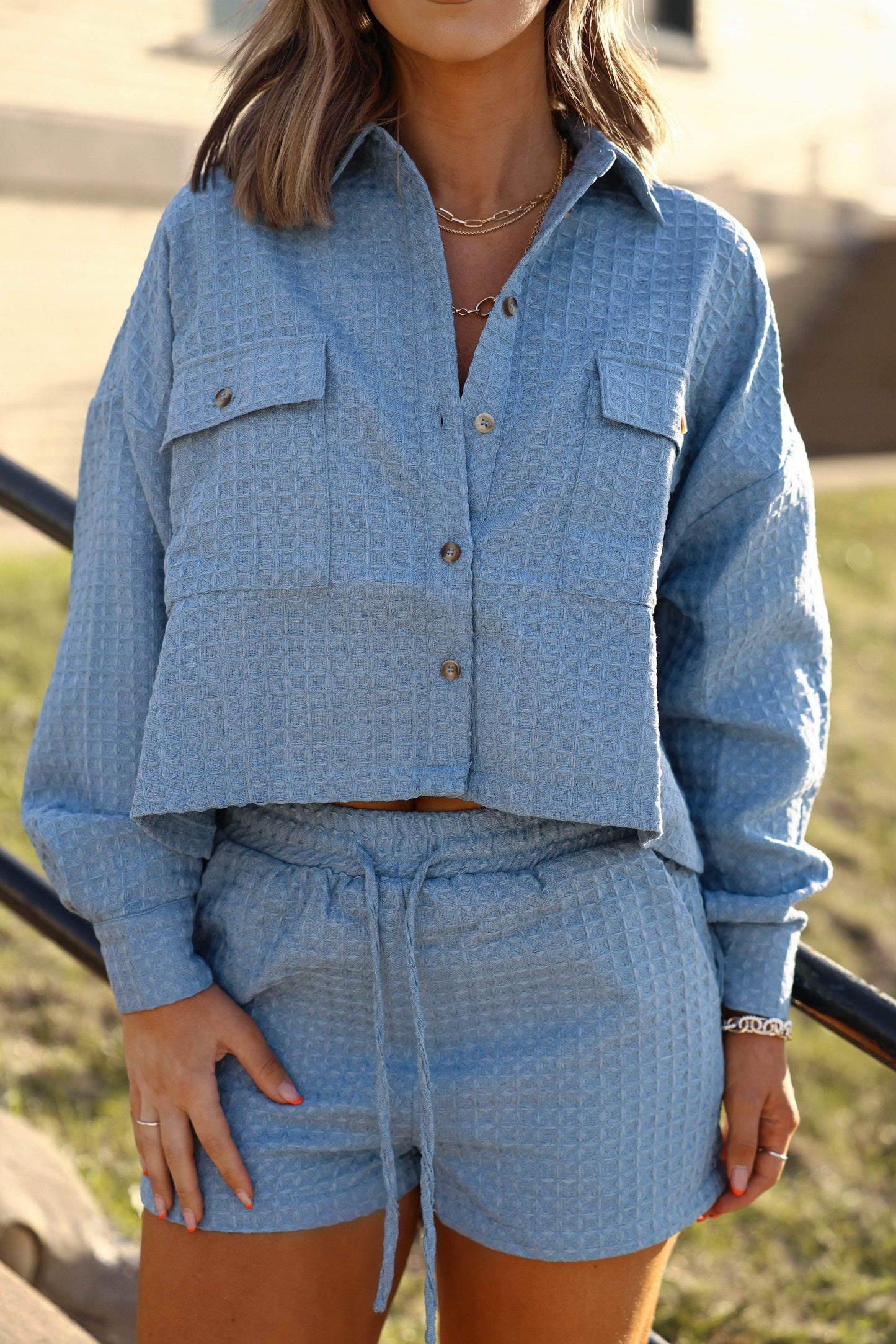 Sky Blue Waffle Knit Shorts