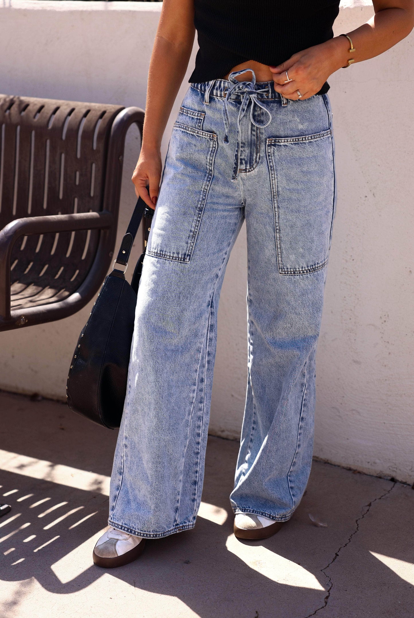 Washed Drawstring Wide Leg Jeans